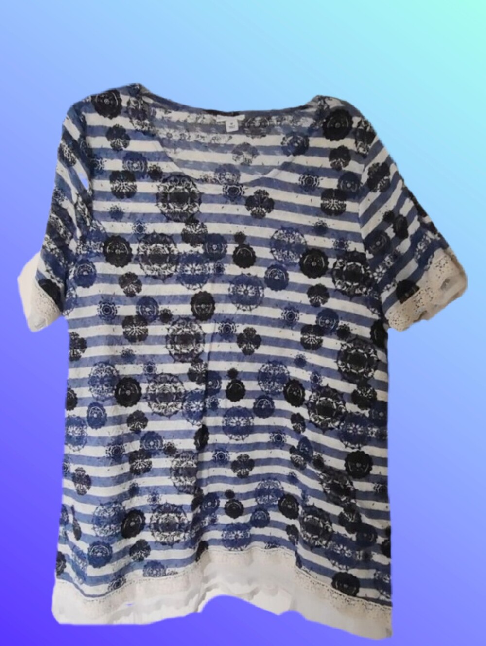 Blue & White Striped Lace Trim Embellished Tunic Top Plus Size 1X - Picture 11 of 13